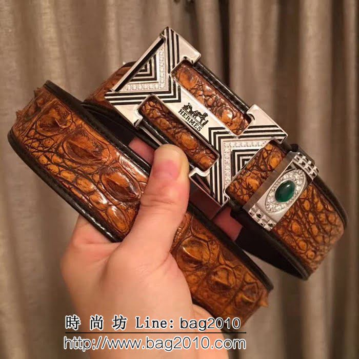 愛馬仕HERMES 純手工美洲鱷魚骨皮 海外高端男士皮帶 HHG1289